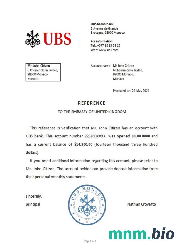 Przykład odniesienia Monaco UBS bank w formatach Word i PDF